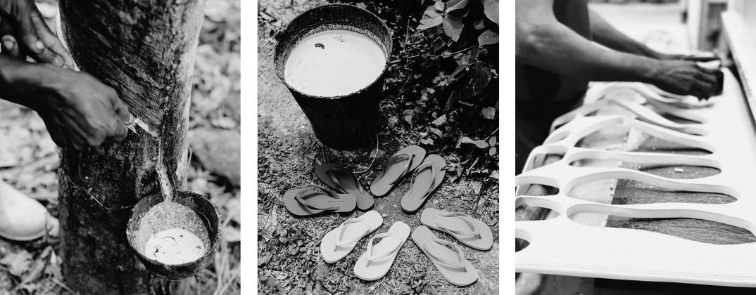 Process of making Sandos flip-flops from FSC rubber, showing collection, pouring, and final product.
