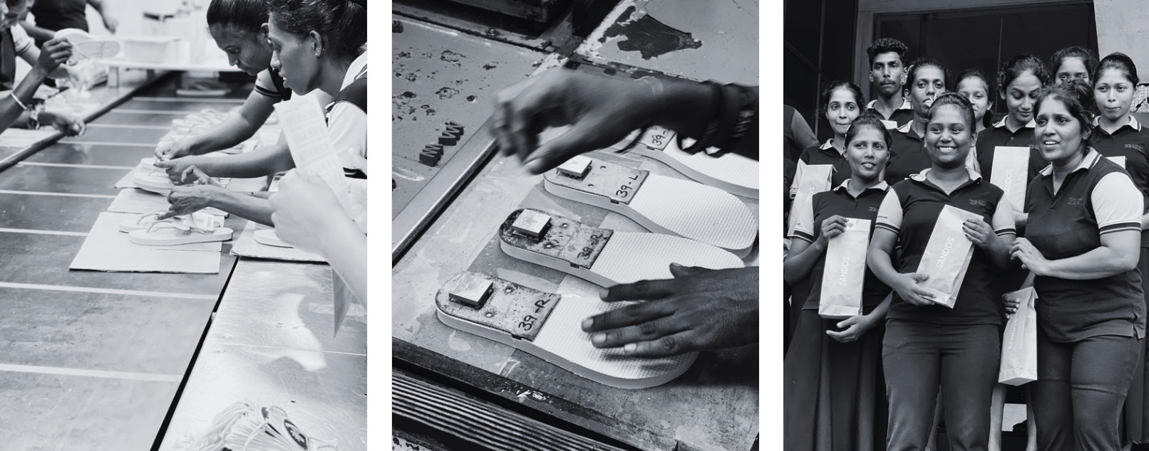 Behind the scenes images of Sandos flip flops in production at the factory.