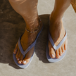 Close-up of feet wearing blue flip-flops on a sandy surface